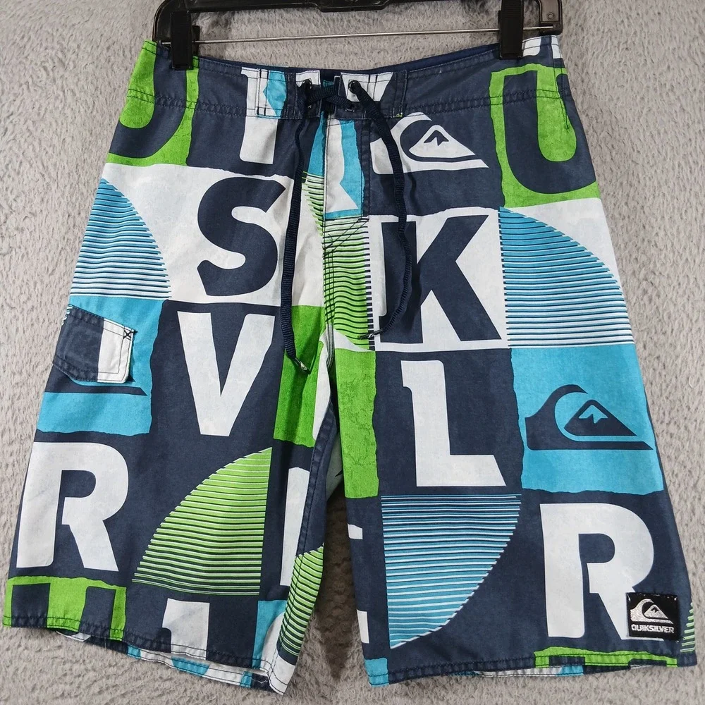 Quiksilver Board Shorts All Over Logo Spellout Swim Trunks Size 28 Blue Lime EUC